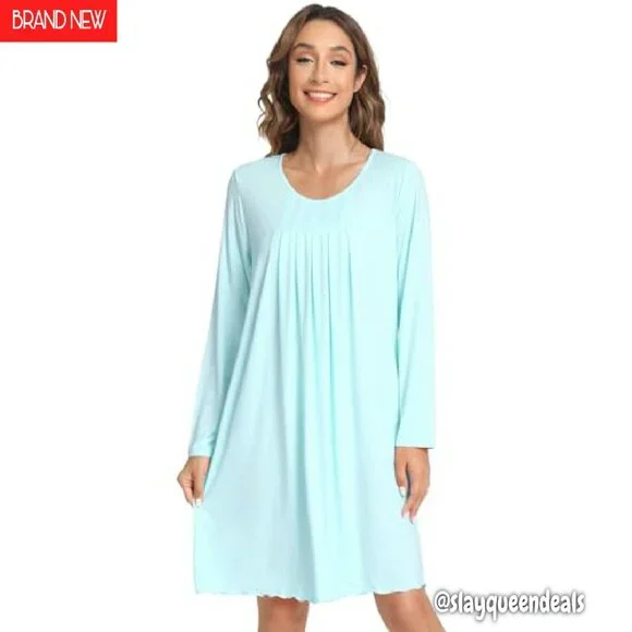 Soft Bamboo Viscose Long Sleeve Nightgown, V-Neck Sleepshirt for Women